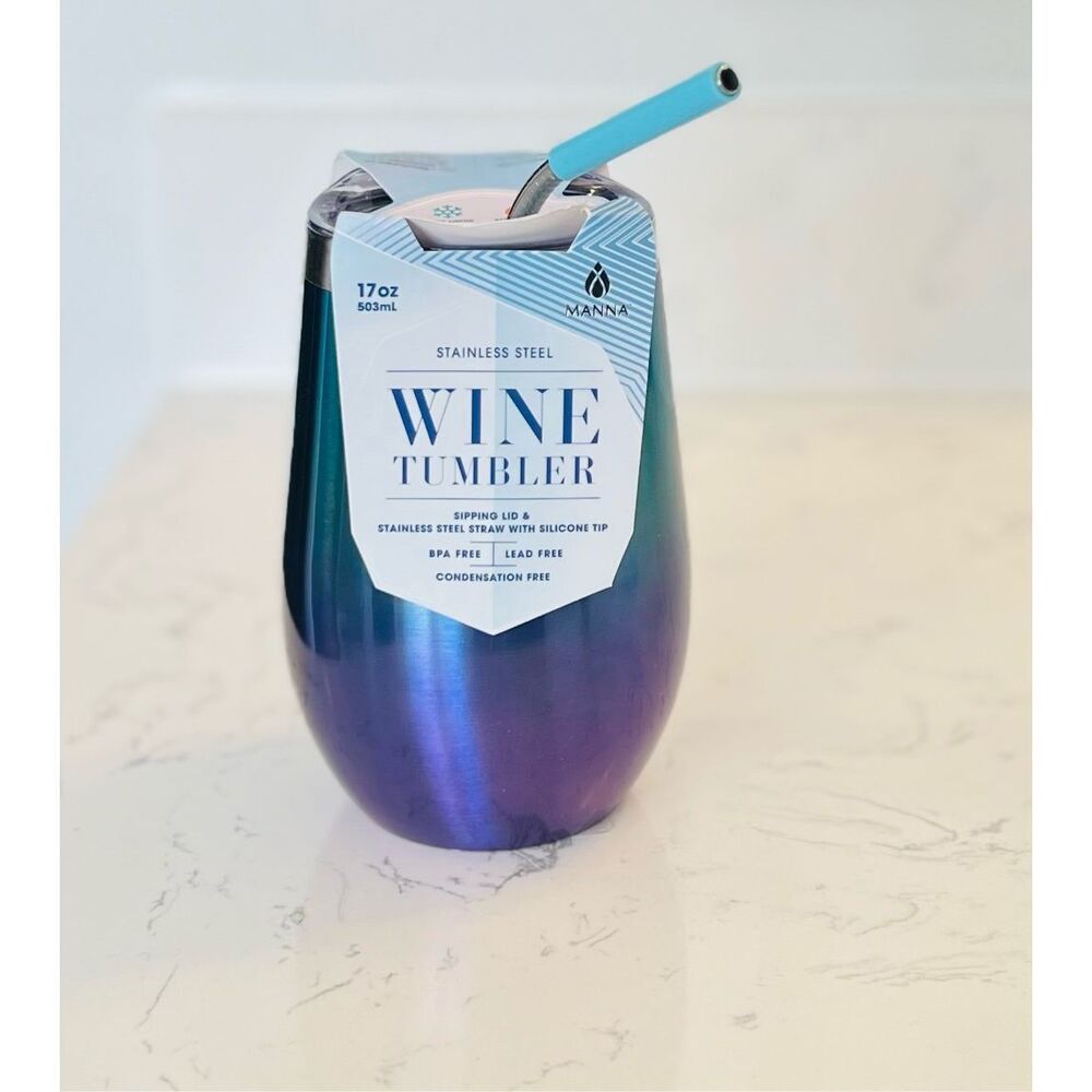 Manna Sleek Wine Cup Tumbler Insulated Straw Metallic Purple Teal Blue 17oz